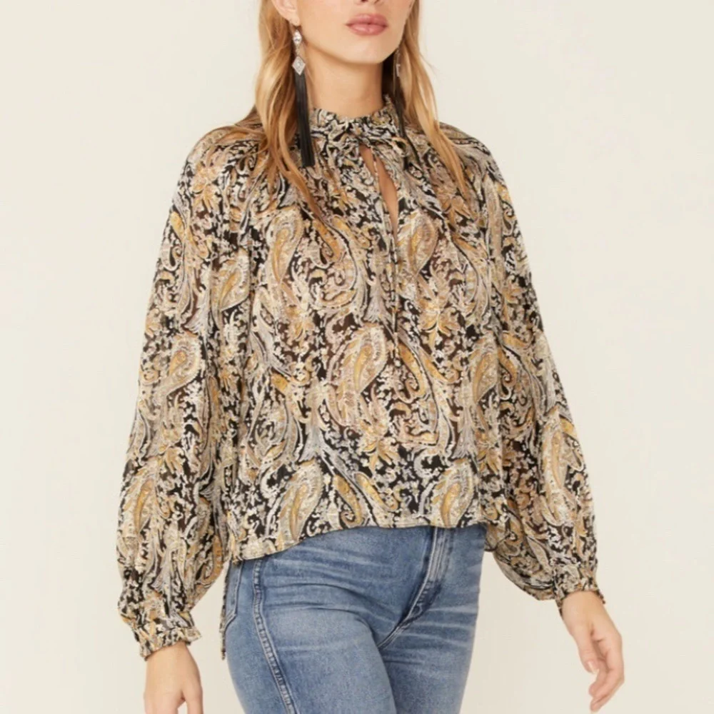 Elan Paisley Print Long Sleeve Chiffon Peasant Top Size S